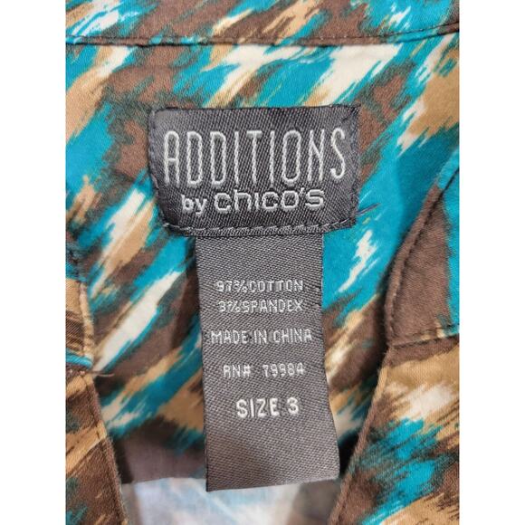 Chico's Additions Brown Teal Abstract Stretch Button Front Top Size 3 = XL (16) - Picture 3 of 11
